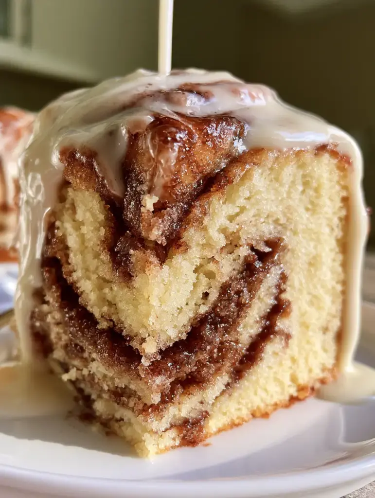 Close up photo of a Cinnabon cinnamon roll cake slice held on a white plate in natural morning light.