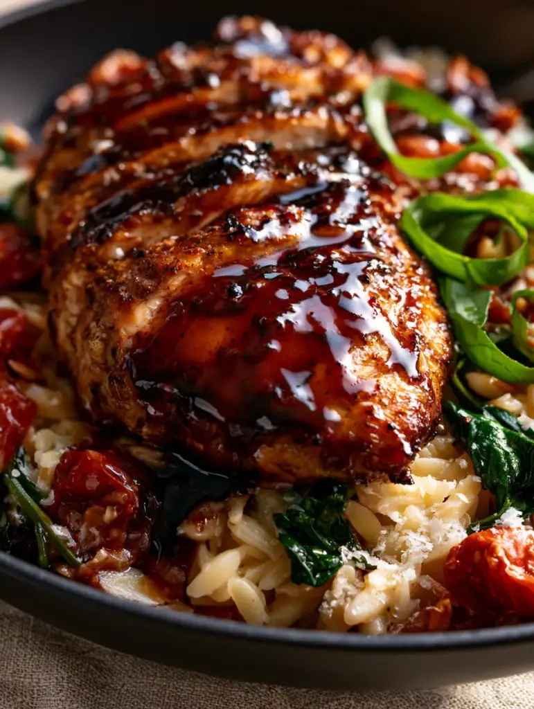 Balsamic Chicken Orzo: A Creamy One-Pan Masterpiece with Mahogany Glaze 1 A 45-degree angle shot of sliced balsamic chicken on a bed of spinach and tomato orzo. (balsamic chicken orzo)