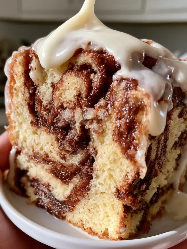 Cinnabon Cinnamon Roll Cake with Thick Cream Cheese Glaze 1 A large piece of Cinnabon cinnamon roll cake showing the dark-brown marbled interior and crystalline sugar textures.