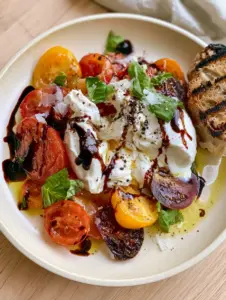 Top-down view of a Tomato Burrata Salad showing creamy stracciatella spilling over red and yellow tomatoes. (Tomato Burrata Salad)