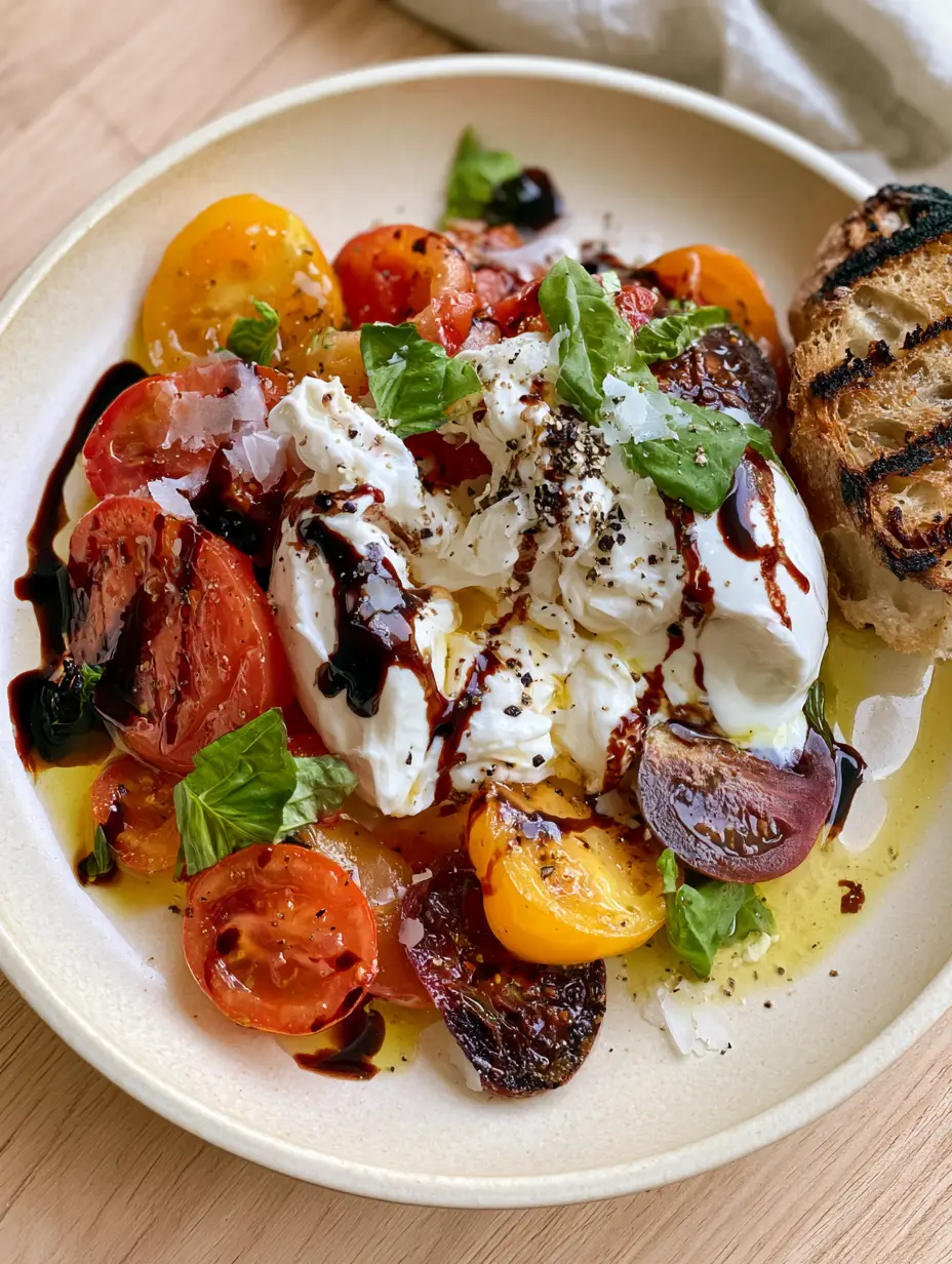 Tomato Burrata Salad with Charred Sourdough and Balsamic Glaze 3 Top-down view of a Tomato Burrata Salad showing creamy stracciatella spilling over red and yellow tomatoes. (Tomato Burrata Salad)