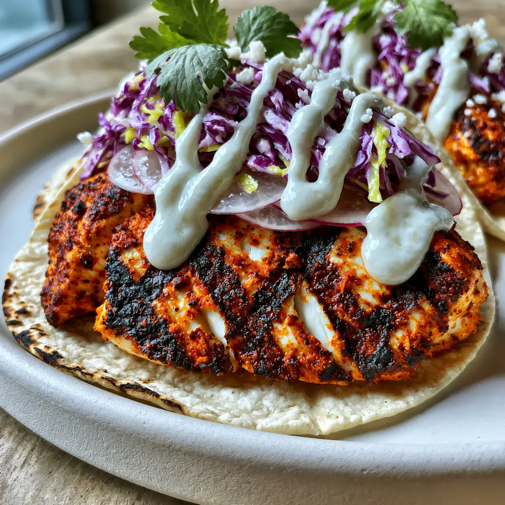 Grilled Fish Tacos with Chili-Lime Mahi Mahi and Charred Corn Tortillas 1 Overhead shot of charred corn tortillas topped with cabbage slaw and radishes. (grilled fish tacos)