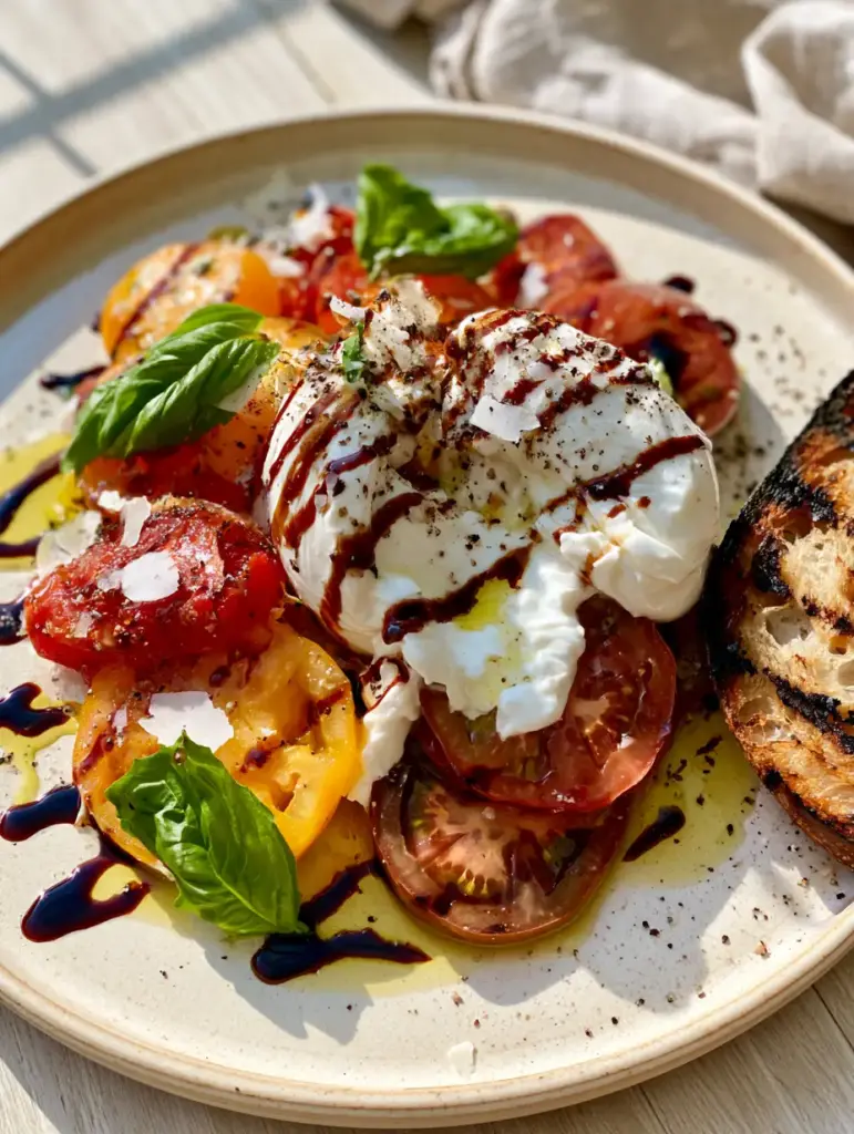 Tomato Burrata Salad with Charred Sourdough and Balsamic Glaze 1 A close-up of Tomato Burrata Salad with charred sourdough bread and balsamic drizzle. (Tomato Burrata Salad)
