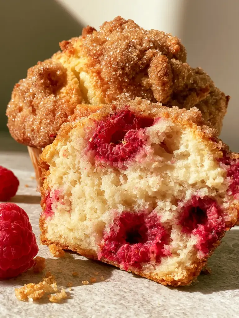 Eye-level shot of a single Raspberry Streusel Muffin broken open to reveal a pale-ivory crumb and suspended red raspberries.