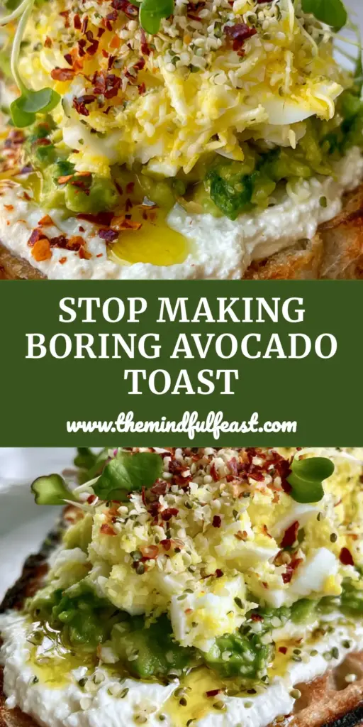 Healthy breakfast toasts with Whipped Cottage Cheese and Grated Egg 3 A vertical photo showing a thick slice of healthy breakfast toasts topped with whipped cottage cheese, chunky avocado, and a fluffy mound of grated egg. (Healthy breakfast toasts)
