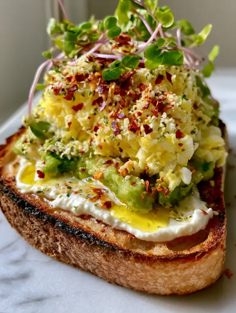 Extreme close-up of healthy breakfast toasts with charred sourdough edges and fluffy grated egg snow. (Healthy breakfast toasts)