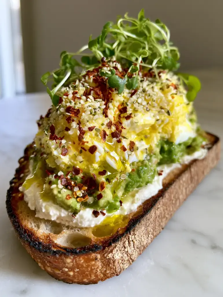 Healthy breakfast toasts with Whipped Cottage Cheese and Grated Egg 1 Handheld photo of healthy breakfast toasts with vibrant microgreens and red pepper flakes. (Healthy breakfast toasts)