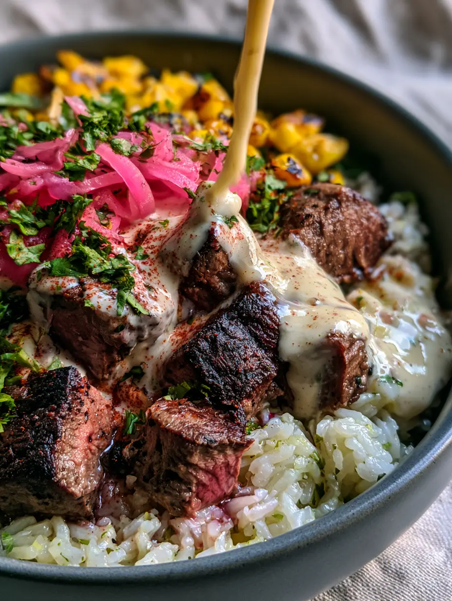 Steak Queso Rice Bowl: The Ultimate Skillet-Seared Comfort Meal 3 Extreme close-up of a Steak queso rice bowl showing the crusty sear on the ribeye and a glossy queso pour.