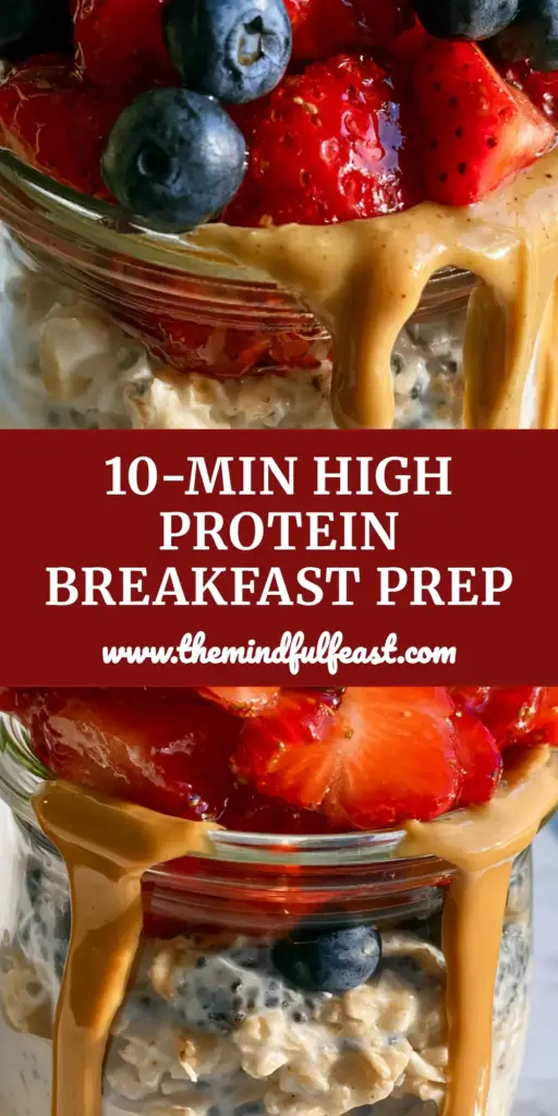 Meal Prep Breakfast Ideas: The Ultimate Vanilla Bean and Berry Overnight Oat Parfait 4 A tall glass jar filled with layers of vanilla bean Greek yogurt, chia overnight oats, and a vibrant heap of strawberries and blueberries with an almond butter drizzle. (meal prep breakfast ideas)