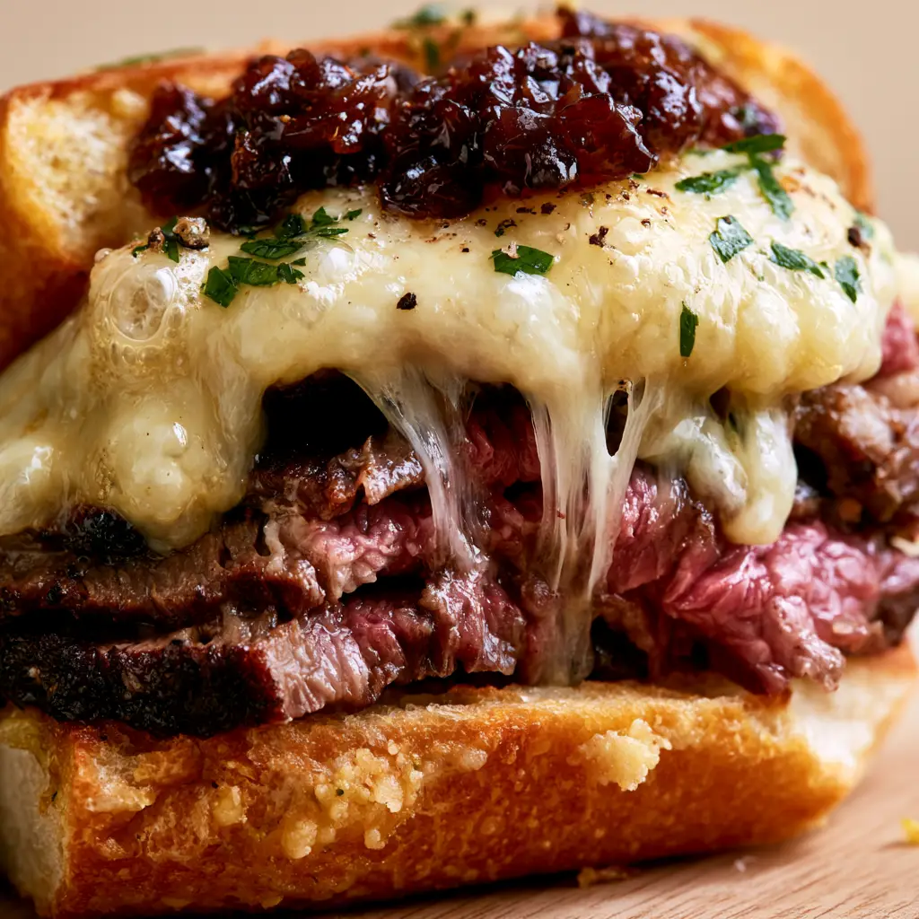 Steak Sandwich with Balsamic Caramelized Onions and Bubbly Provolone 1 Close-up of a steak sandwich featuring bubbly melted provolone and dark balsamic caramelized onions on a toasted garlic baguette.