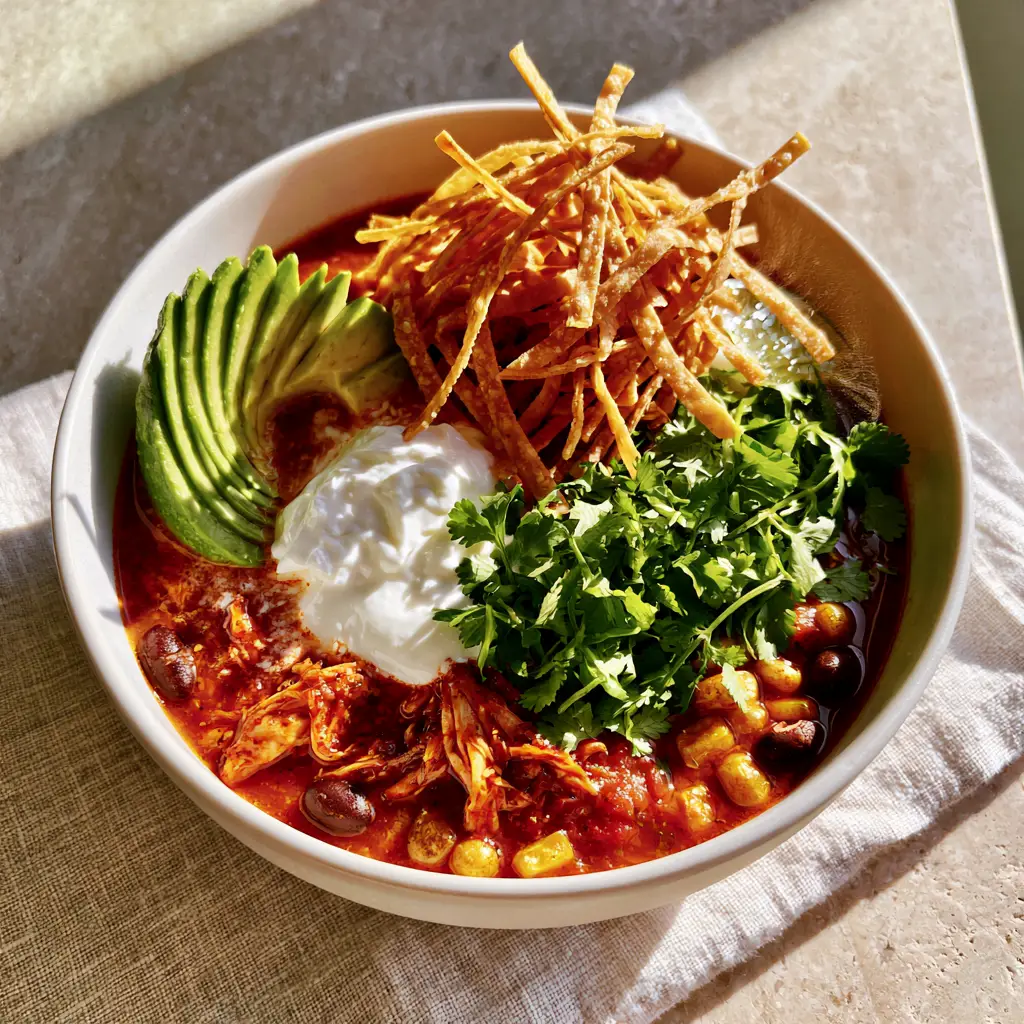 Chicken Tortilla Dump Dinner: The Ultimate Easy Weeknight Feast 2 Close-up of a vibrant Chicken Tortilla Dump Dinner with a thick tomato broth and fresh cilantro sprigs.