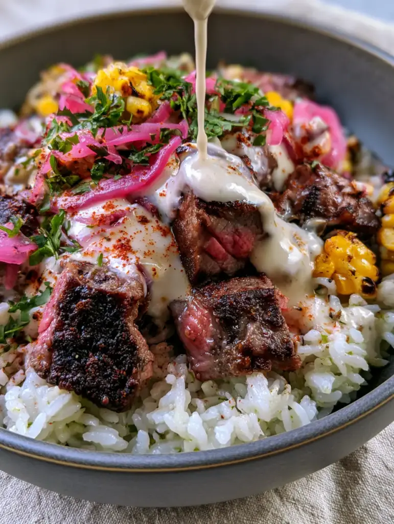 Steak Queso Rice Bowl: The Ultimate Skillet-Seared Comfort Meal 1 Steak queso rice bowl garnish detail with charred corn, pickled onions, and smoked paprika dusting.