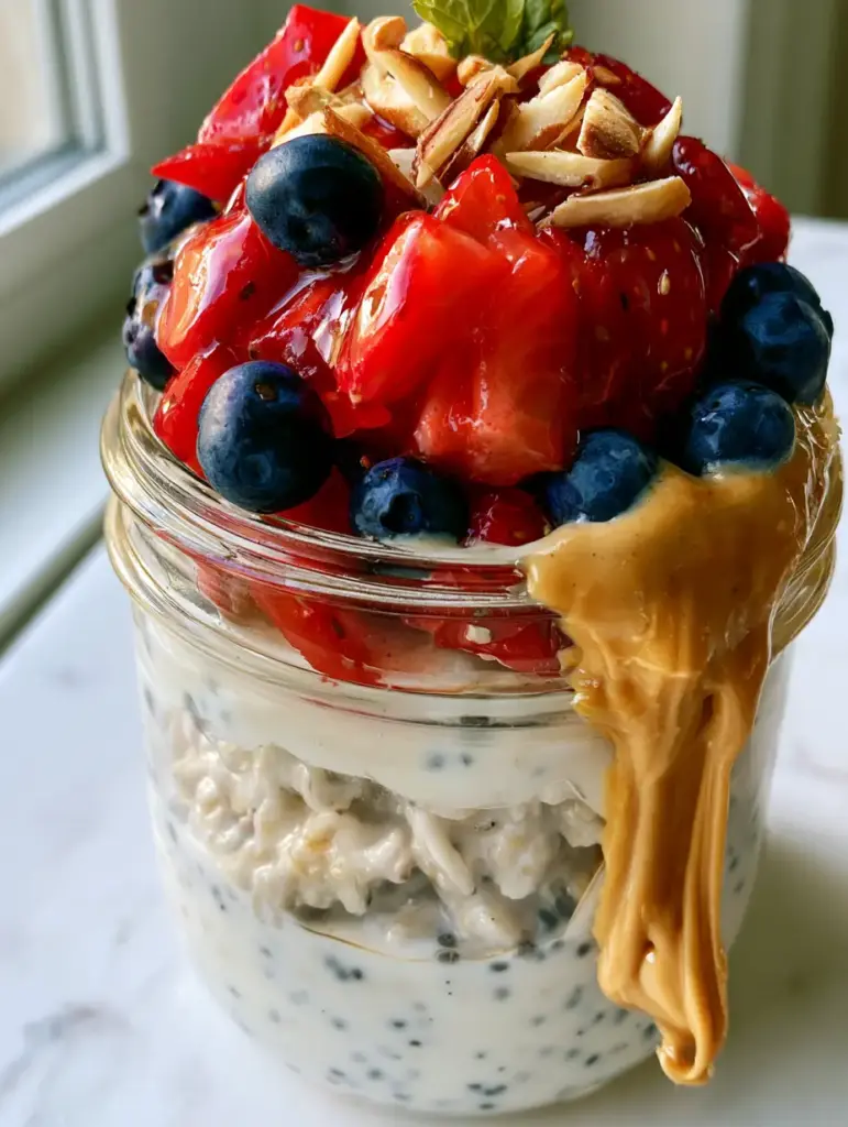 Meal Prep Breakfast Ideas: The Ultimate Vanilla Bean and Berry Overnight Oat Parfait 1 A thick golden drizzle of almond butter cascading over fresh strawberries and blueberries in a glass jar.