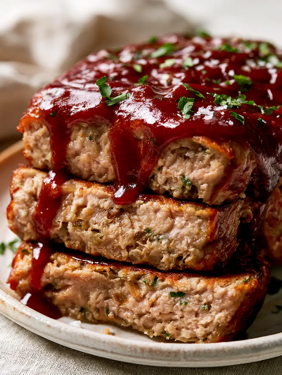 Turkey Meatloaf Recipe with a Glossy Balsamic Glaze and Golden-Brown Seared Edges 3 Close-up of turkey meatloaf slices showing a moist crumb and tiny flecks of onion and herbs. (turkey meatloaf recipe)