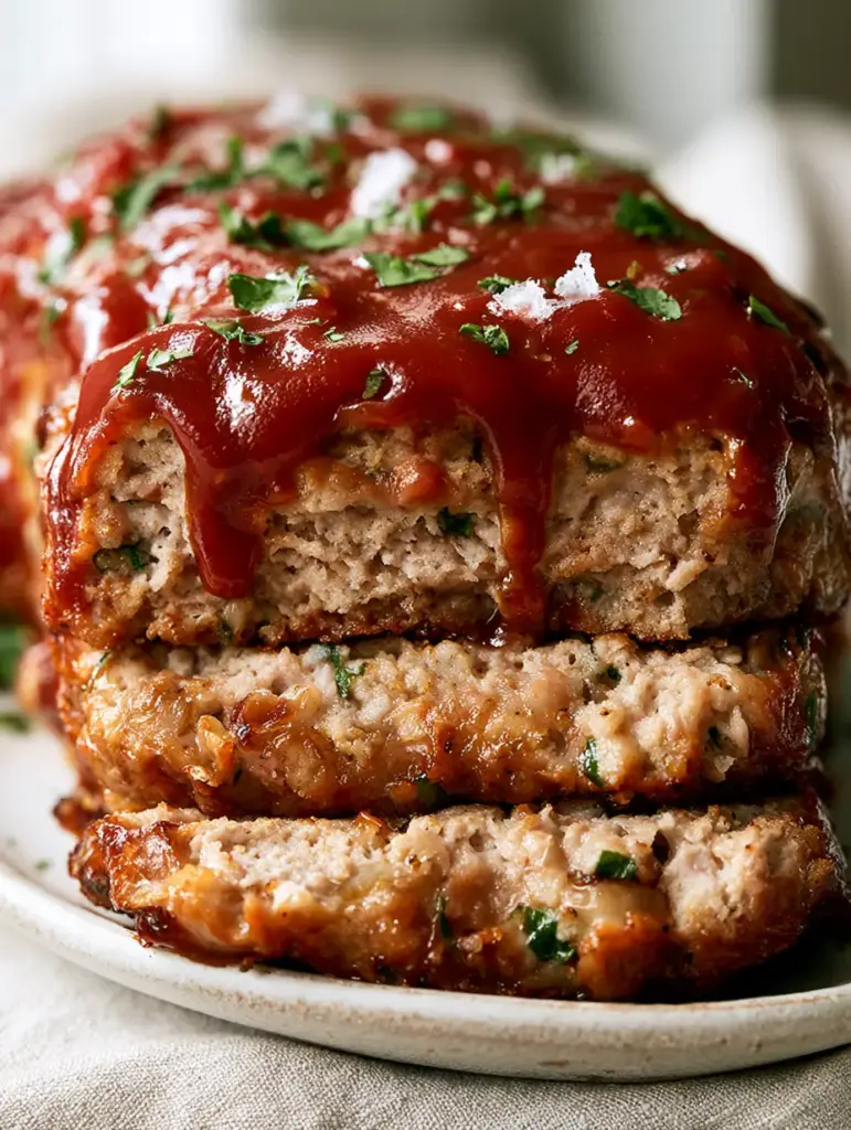 Turkey Meatloaf Recipe with a Glossy Balsamic Glaze and Golden-Brown Seared Edges 1 Top view of a turkey meatloaf with dripping glossy balsamic glaze and crystals of flaky sea salt.