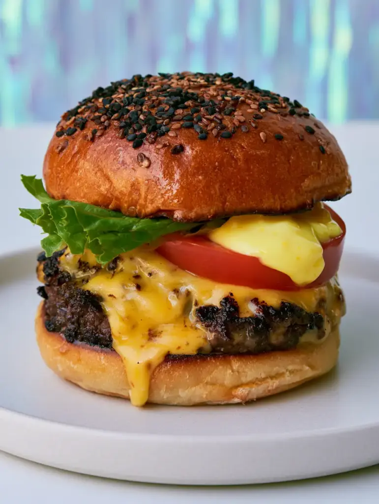 Close up of neon yellow pineapple aioli on a brioche slider bun.