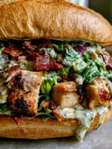 Handheld macro shot of a Chopped Chicken Bacon Ranch Sandwich with visible mahogany bacon and emerald romaine.