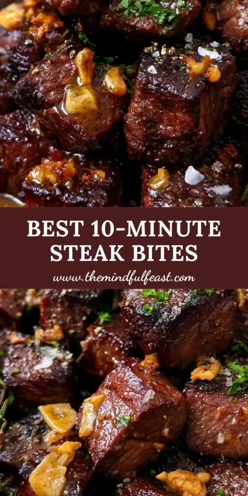 Easy steak dinners: Garlic Butter Sirloin Steak Bites with Crispy Garlic 4 A vertical Pinterest pin showing succulent seared steak bites in a cast iron skillet with garlic butter. (Easy steak dinners)