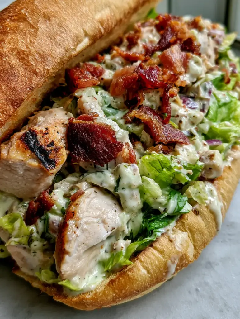 Glossy herb-speckled ranch dressing dripping over the side of a Chopped Chicken Bacon Ranch Sandwich.