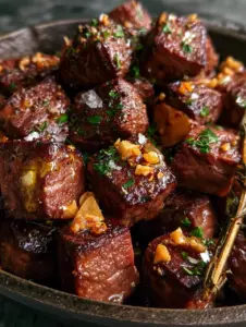 Extreme close-up macro shot of succulent, cubed sirloin steak bites with dark mahogany crust and melted garlic butter. (Easy steak dinners)