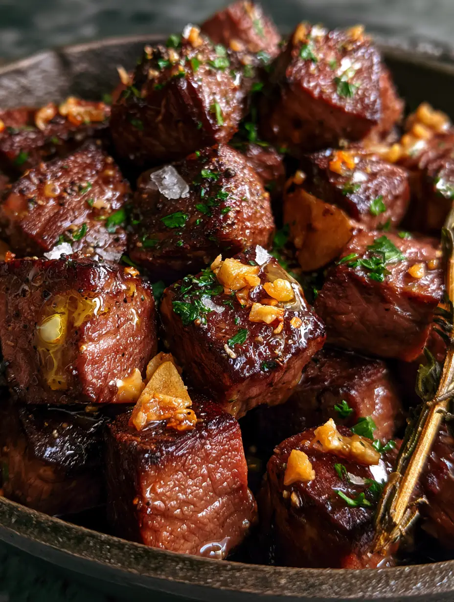 Easy steak dinners: Garlic Butter Sirloin Steak Bites with Crispy Garlic 3 Extreme close-up macro shot of succulent, cubed sirloin steak bites with dark mahogany crust and melted garlic butter. (Easy steak dinners)