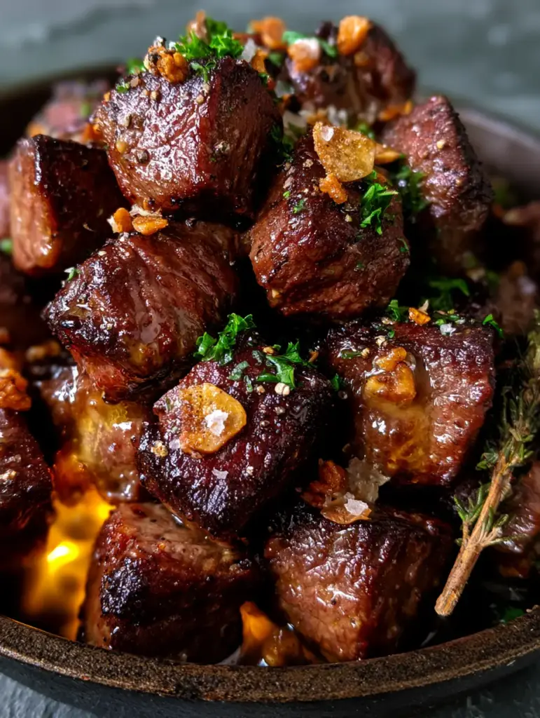 Easy steak dinners: Garlic Butter Sirloin Steak Bites with Crispy Garlic 1 Close-up of golden garlic butter glistening on seared beef cubes with fresh parsley and sea salt flakes.
