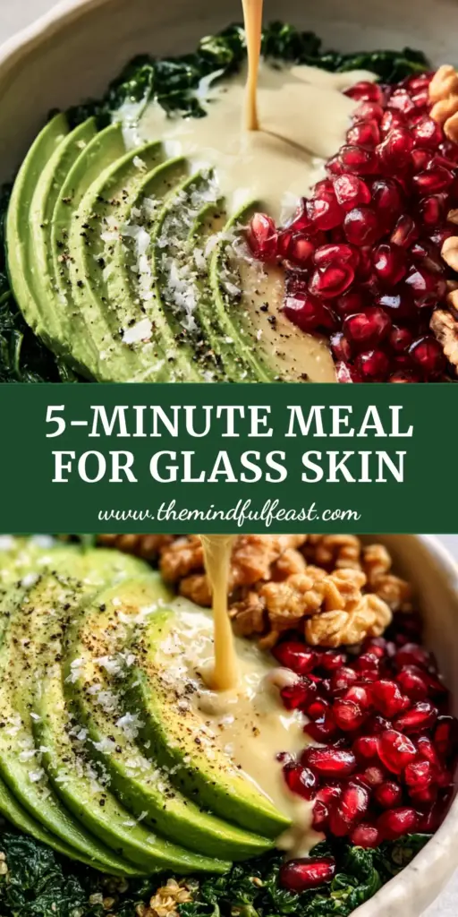 A close-up of a Glass Skin Beauty Bowl featuring fanned avocado and pomegranate seeds, illustrating top glowing skin tips.