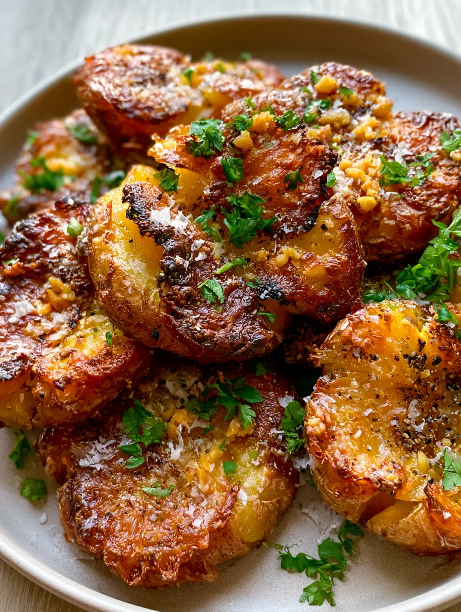 Smashed Potatoes Recipe with Crispy Parmesan and Roasted Garlic 3 Close-up of golden-brown smashed potatoes showing bubbled parmesan cheese and roasted garlic bits. (Smashed potatoes recipe)