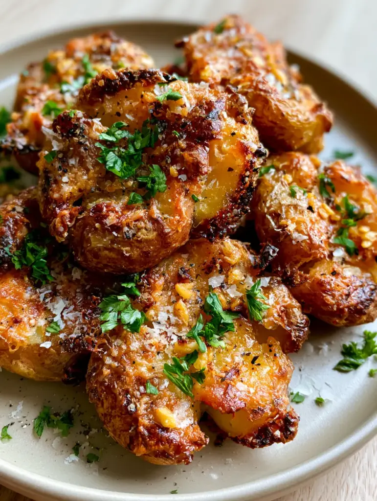 Smashed Potatoes Recipe with Crispy Parmesan and Roasted Garlic 1 Top-down view of roasted smashed potatoes with a light olive oil glisten and fresh green parsley scatter.