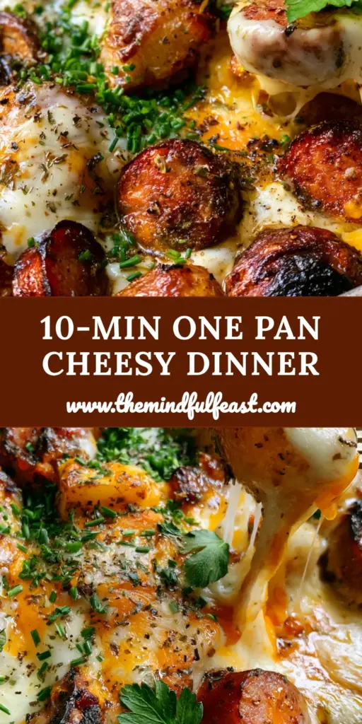A close-up shot of cheesy ranch potatoes with smoked sausage in a rustic pan with bubbling cheese and fresh herbs.