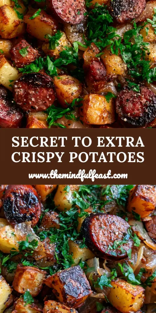 A top-down view of a cast iron skillet filled with crispy fried potatoes onions and smoked polish sausage, garnished with parsley.