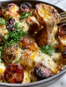 Rustic dark grey ceramic pan filled with charred gold potatoes and caramelized smoked sausage coins under melted cheese. (cheesy ranch potatoes with smoked sausage)