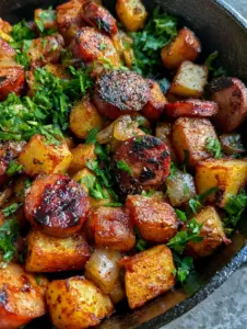 Macro shot of jagged crispy potato cubes and seared kielbasa coins in a seasoned skillet (fried potatoes onions and smoked polish sausage).