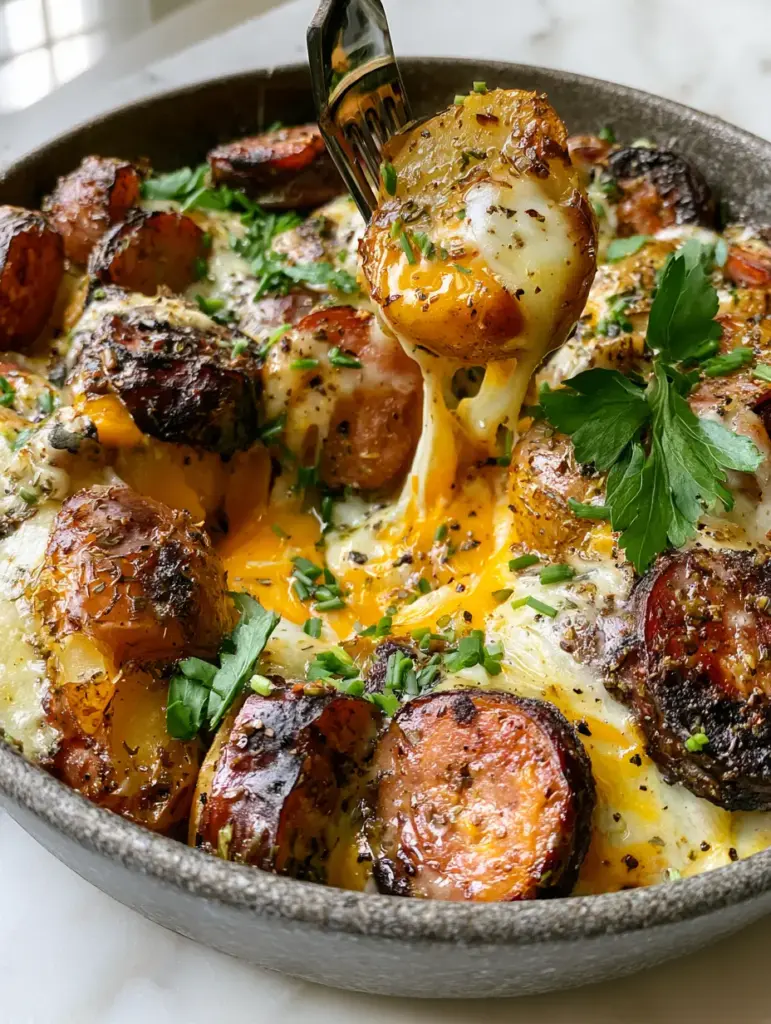 A fork lifting a potato from the pan showing a long, stretchy mozzarella cheese pull. (cheesy ranch potatoes with smoked sausage)