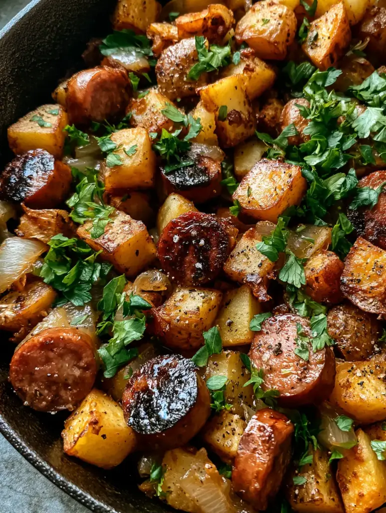 Sizzling skillet showing jammy onions and glistening smoked sausage coins.