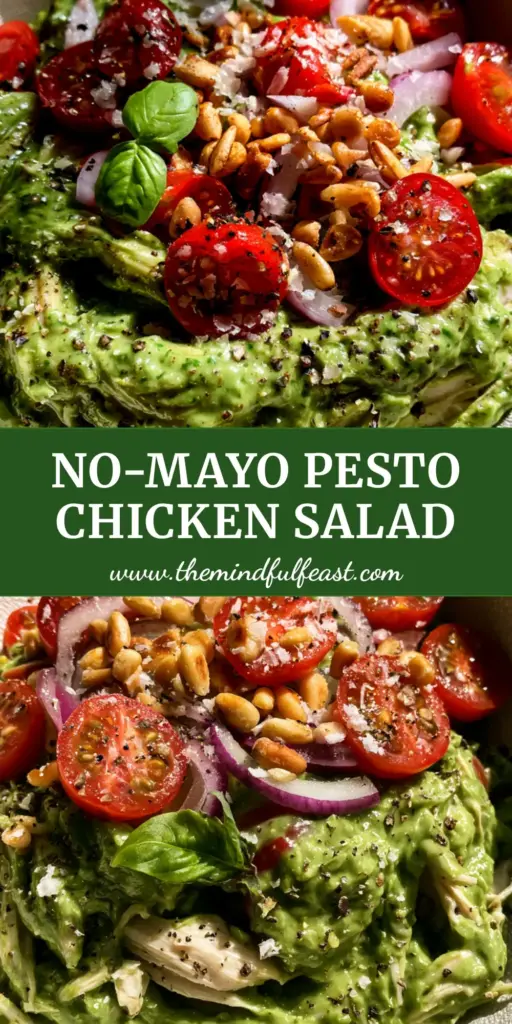 Pesto Chicken Salad with Shaved Parmesan and Toasted Pine Nuts 4 A close-up shot of pesto chicken salad with bright green basil pesto, cherry tomatoes, and pine nuts in a white bowl. (pesto chicken salad)