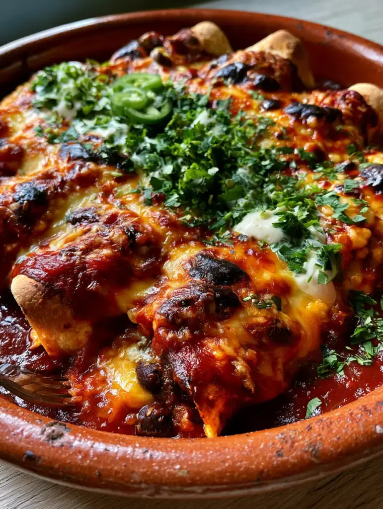 Bean and Cheese Enchiladas with Crispy Edges and Rich Red Sauce 1 Hand lifting a bean and cheese enchilada with a fork to reveal the black bean and melted cheese interior.