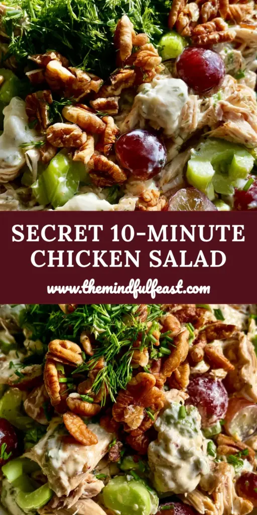 Chicken Salad with Rotisserie Chicken, Grapes, and Toasted Pecans 4 A close-up shot of vibrant Chicken Salad in a ceramic bowl with grapes, pecans, and fresh herbs. (Chicken Salad)