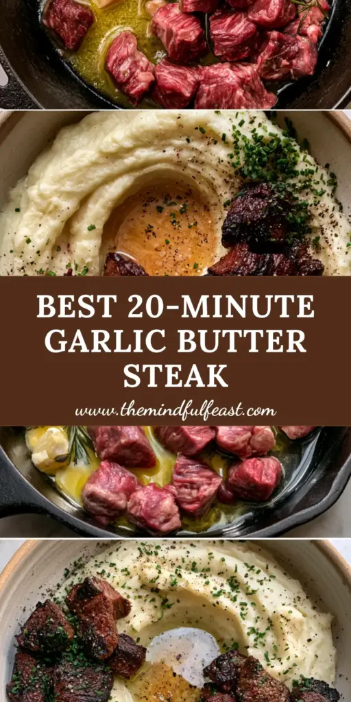 Steak with Mashed Potatoes: The Ultimate Garlic Butter Ribeye Experience 4 A close-up shot of seared ribeye steak bites resting on a mountain of velvet-smooth mashed potatoes with a garlic butter well. (steak with mashed potatoes)
