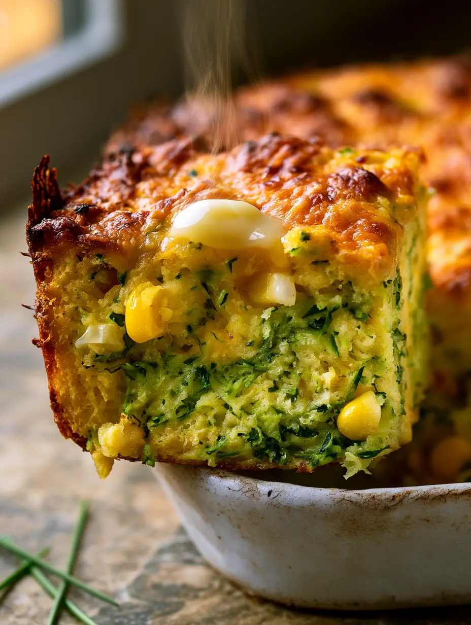 Zucchini Cornbread Casserole: The Ultimate Cheesy, Moist Comfort Dish 4 Close-up of a Zucchini Cornbread Casserole slice showing the green zucchini and yellow corn inside a fluffy crumb.