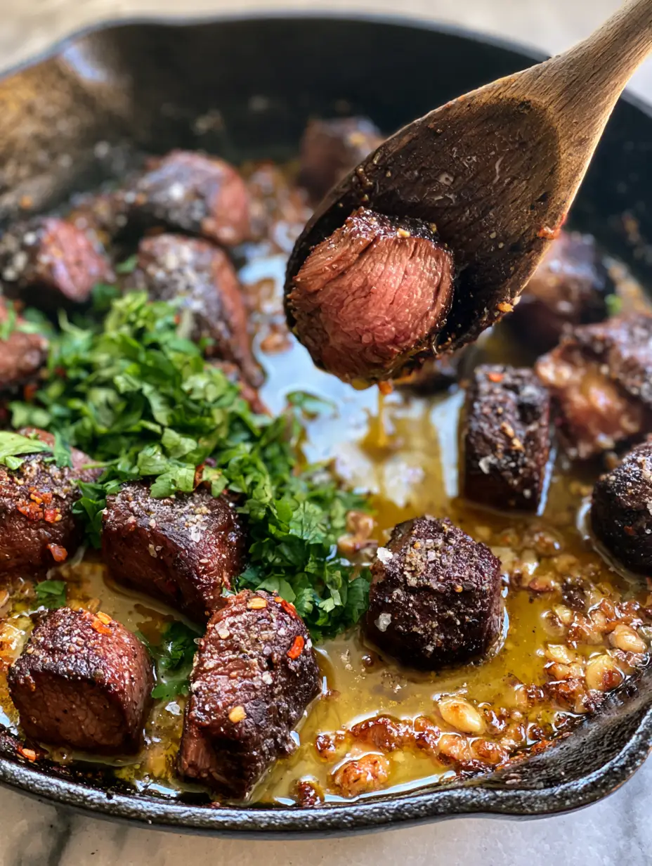 Garlic Butter Brazilian Steak (Picanha Steak Bites) 3 Close up of seared picanha steak bites in golden garlic butter. (garlic butter brazilian steak)