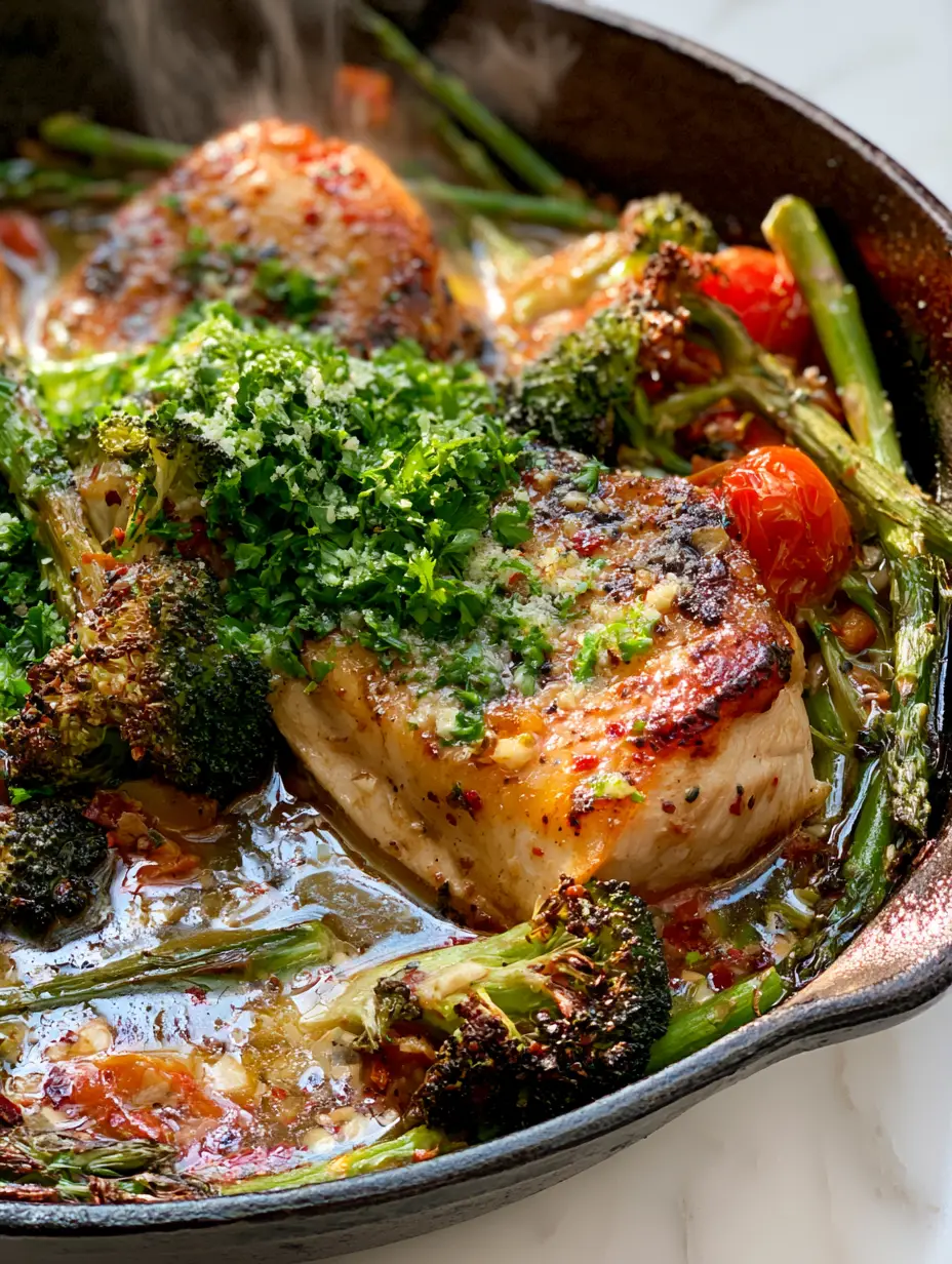 Close-up of seared chicken breast with charred broccoli and glistening garlic butter sauce. (weeknight chicken dinner ideas)