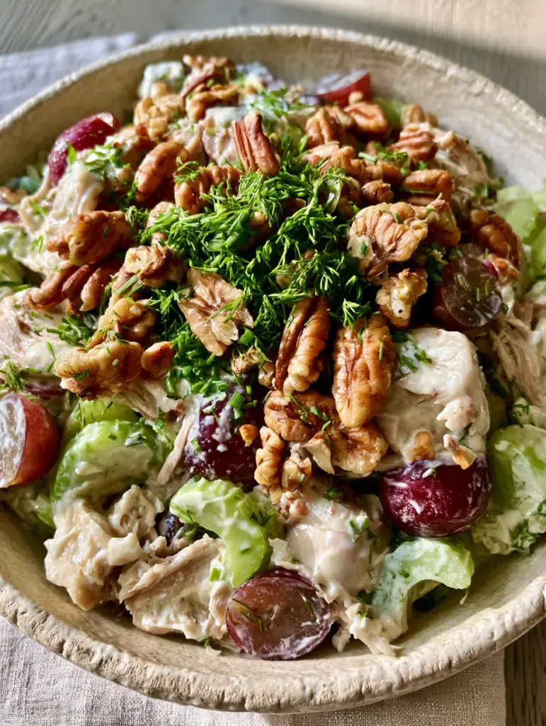 Chicken Salad with Rotisserie Chicken, Grapes, and Toasted Pecans 2 Top-down view of a rustic cream bowl filled with shredded Chicken Salad, glistening dressing, and bright red grapes. (Chicken Salad)