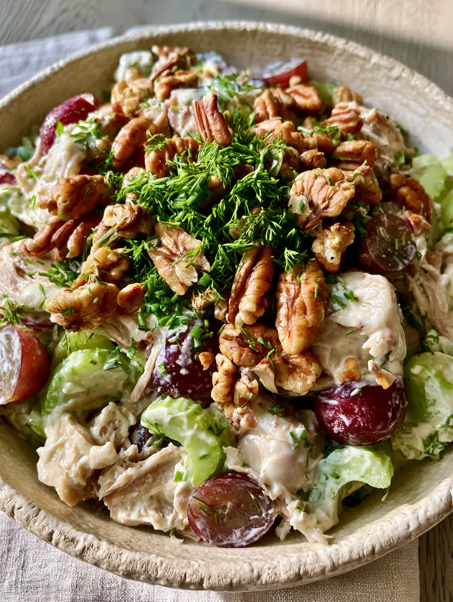 Chicken Salad with Rotisserie Chicken, Grapes, and Toasted Pecans 3 Top-down view of a rustic cream bowl filled with shredded Chicken Salad, glistening dressing, and bright red grapes. (Chicken Salad)