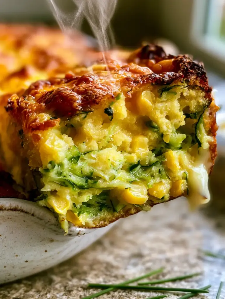 Zucchini Cornbread Casserole: The Ultimate Cheesy, Moist Comfort Dish 1 Zucchini Cornbread Casserole in a white ceramic dish with crispy golden cheddar edges.