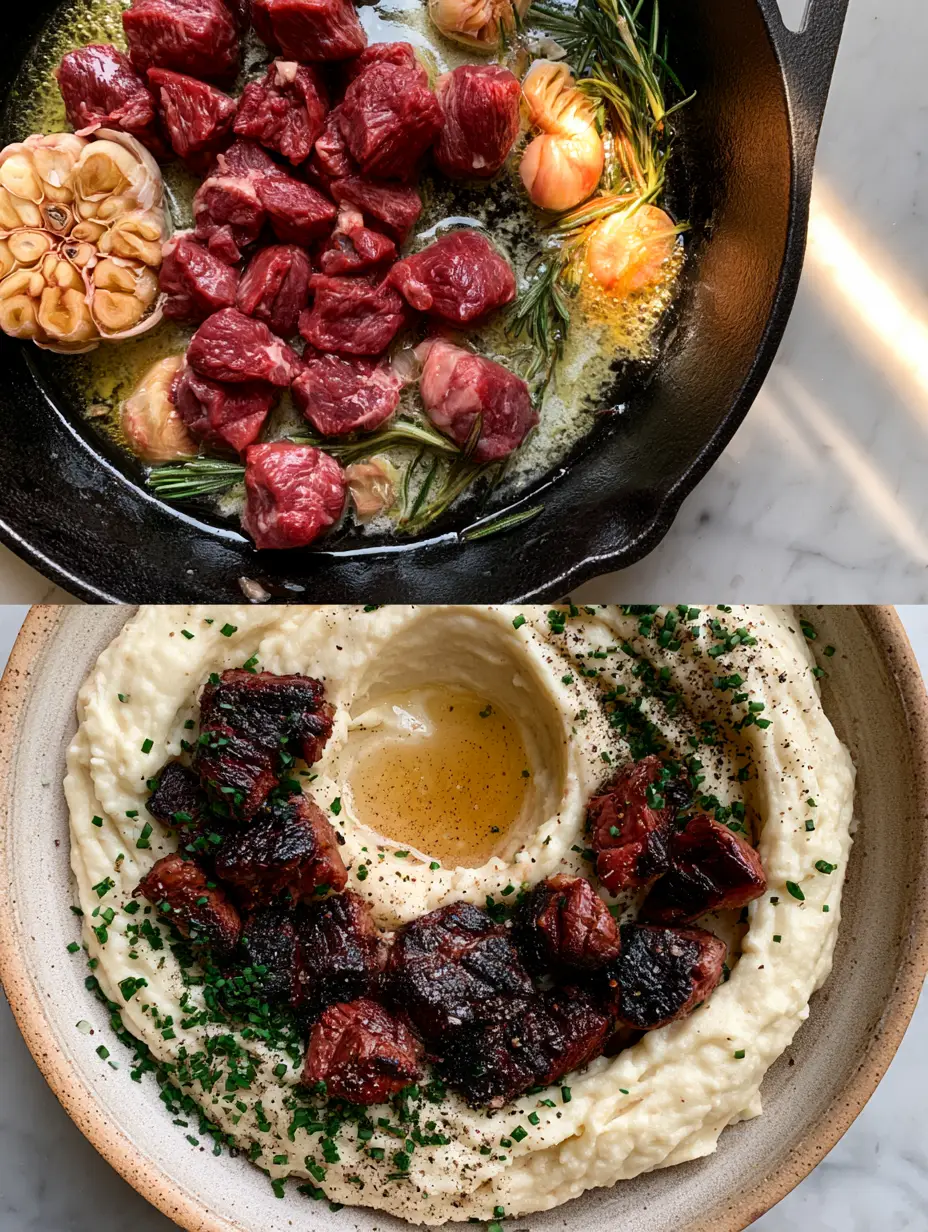 Steak with Mashed Potatoes: The Ultimate Garlic Butter Ribeye Experience 3 Split screen view showing raw ribeye steak and garlic in a cast iron skillet and the finished steak with mashed potatoes in a bowl. (steak with mashed potatoes)