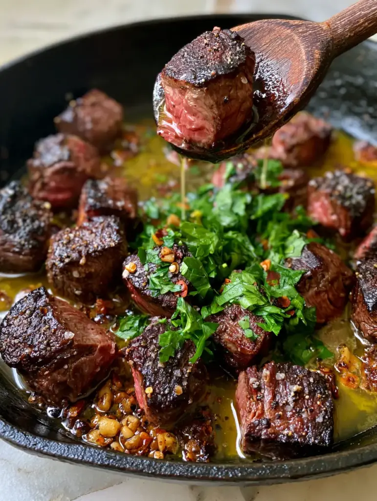 Garlic Butter Brazilian Steak (Picanha Steak Bites) 1 A wooden spoon lifting a juicy pink medium-rare steak bite from a skillet of garlic butter brazilian steak.