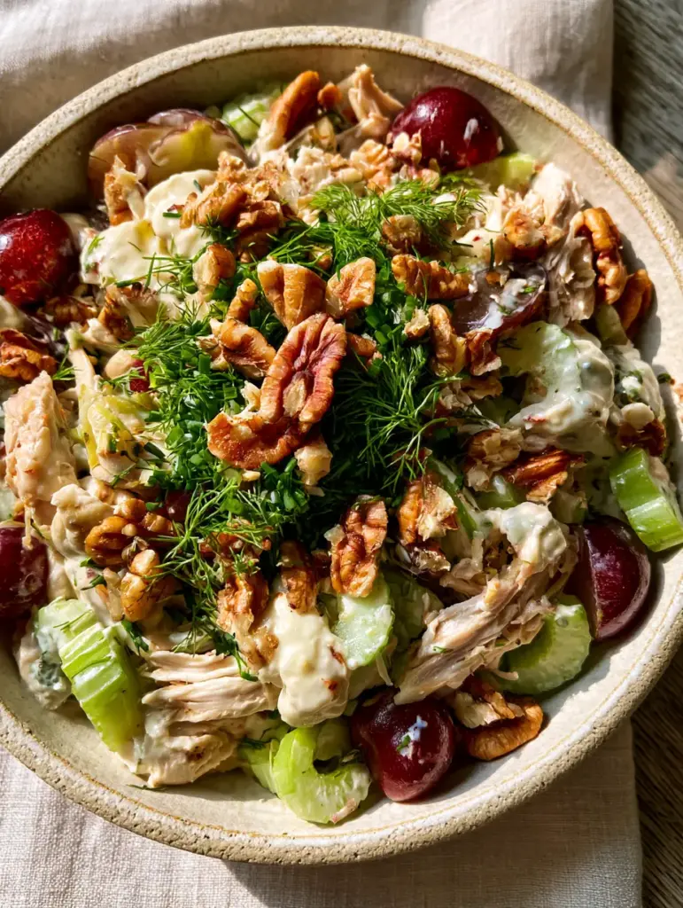 Chicken Salad with Rotisserie Chicken, Grapes, and Toasted Pecans 1 Close-up of toasted pecan halves and fresh dill scattered over a creamy Chicken Salad.