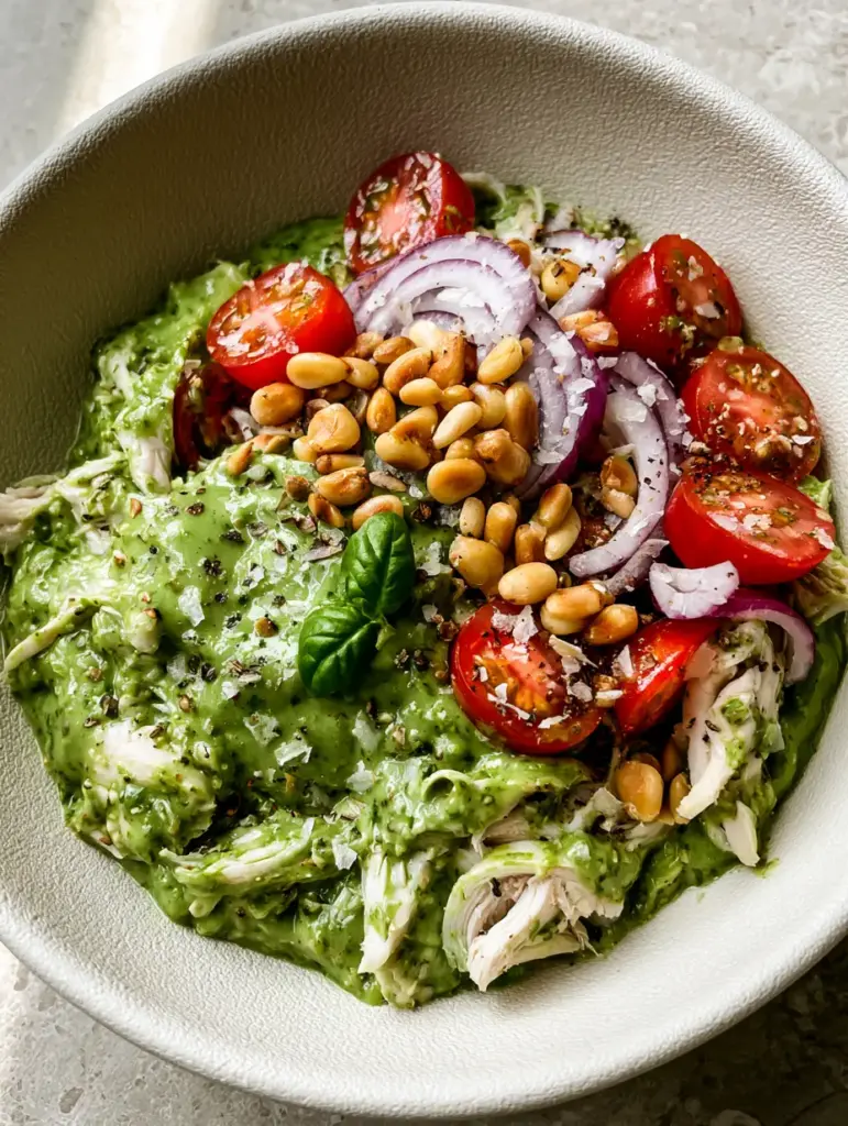 Pesto Chicken Salad with Shaved Parmesan and Toasted Pine Nuts 1 Close-up of toasted pine nuts and shaved parmesan flakes on a glossy pesto chicken salad base.