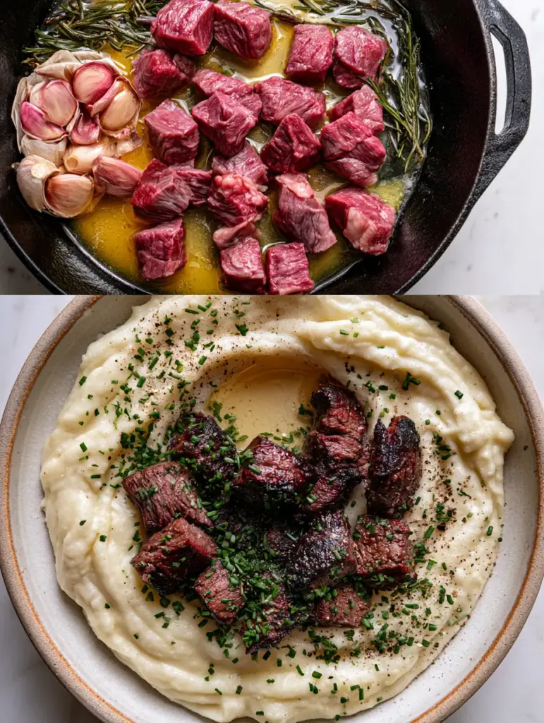 Steak with Mashed Potatoes: The Ultimate Garlic Butter Ribeye Experience 1 Top-down view of a ceramic bowl featuring ultra-smooth potatoes topped with charred steak bites and fresh chives.